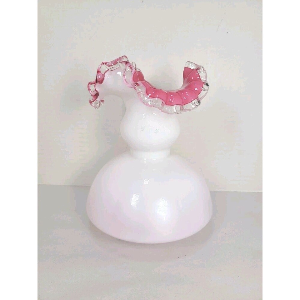 Fenton Milk Glass Pink Interior Peach Crest Vase 6 3/4" Tall